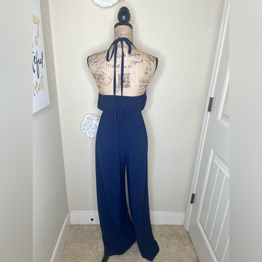 NTM: Tyche Navy Halter Cutout Wide-Leg Jumpsuit Flowy Boho Wear One-Piece Size L - Picture 12 of 16